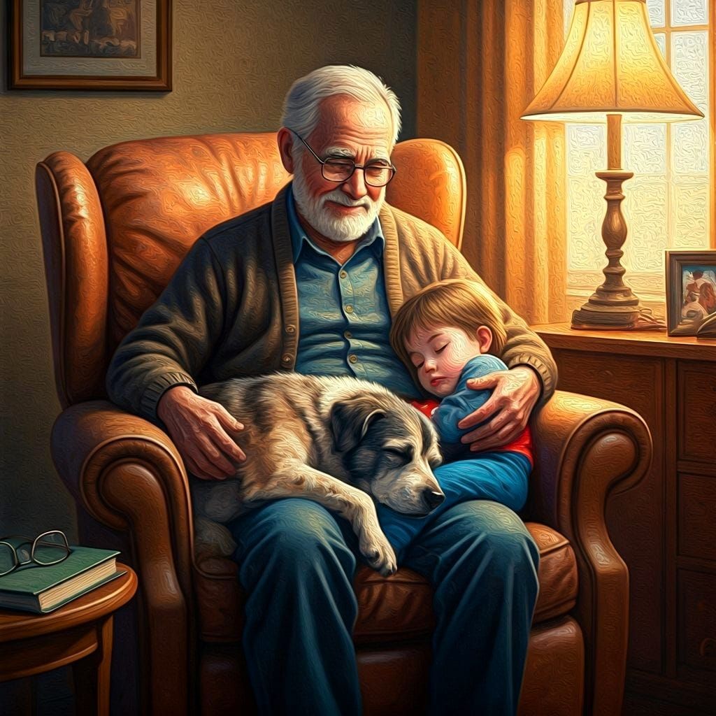 Grandfather's Loving Embrace: A Neo-Impressionist Oil Painti...