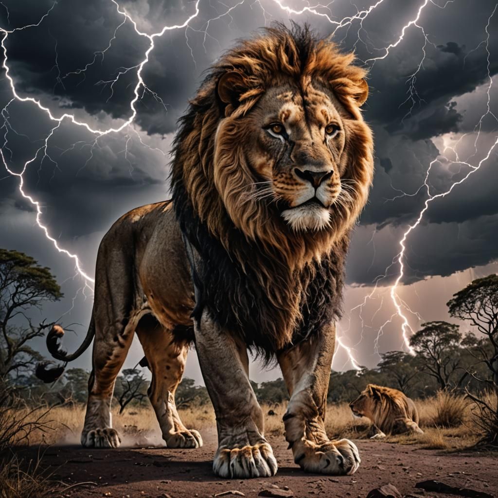 Lion Engulfed in Lightning: Hyperrealistic Image