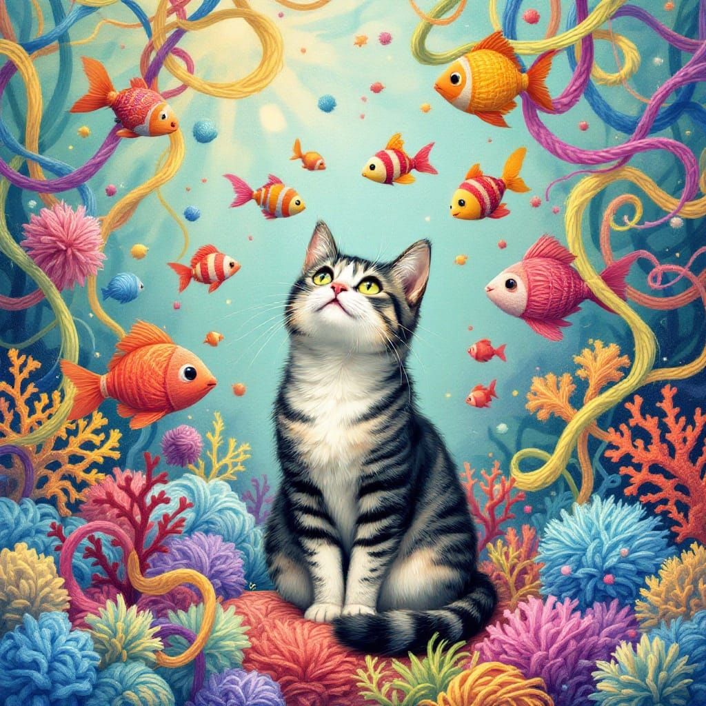 Whimsical Cat in Yarn Ocean