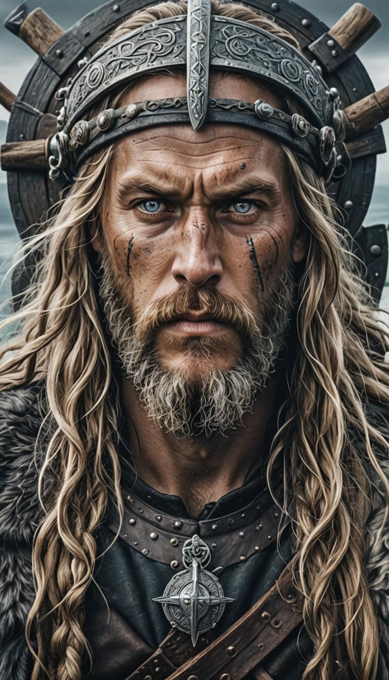 Young Viking Warrior with Long Hair and Ship