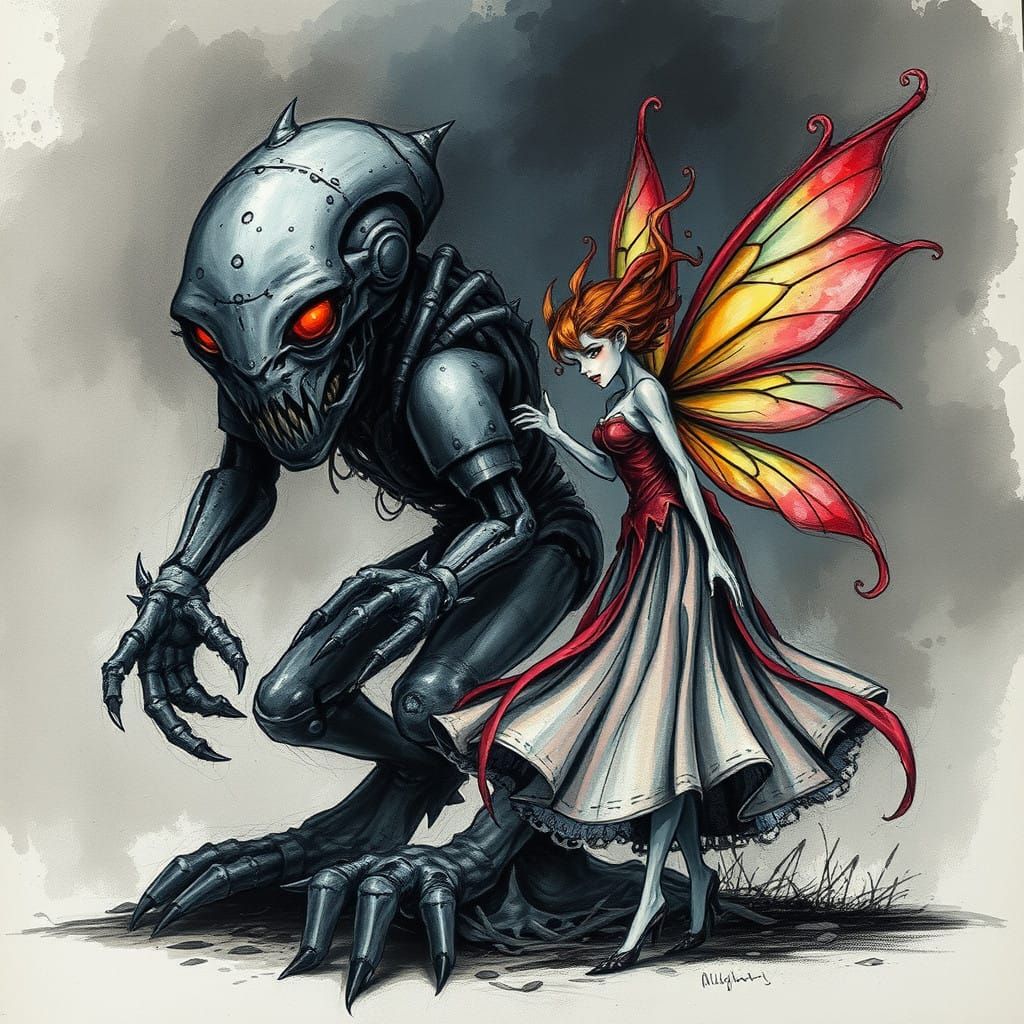 Gothic Nightmare Creature Meets Whimsical Fairy in Charcoal....