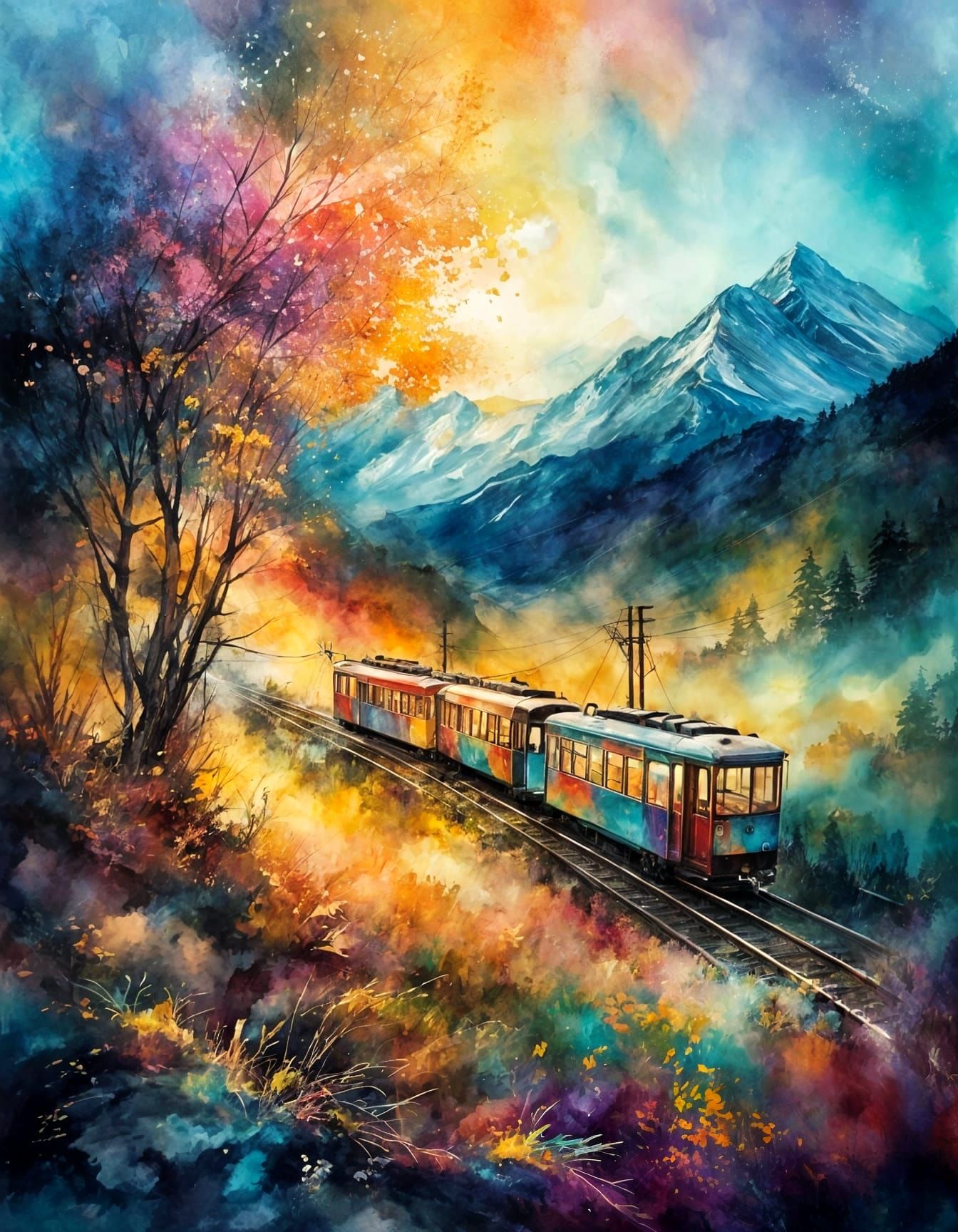 Vibrant Hillside Tram Scene in Noctilucent Graffiti Style