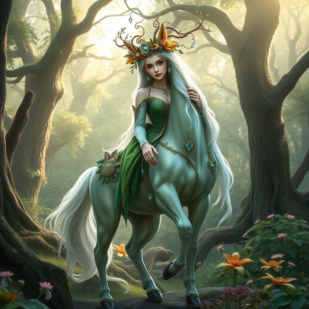 Create an image of a full body centaur, showcasing her majestic presence as a princess of the elves. Depict her with str...