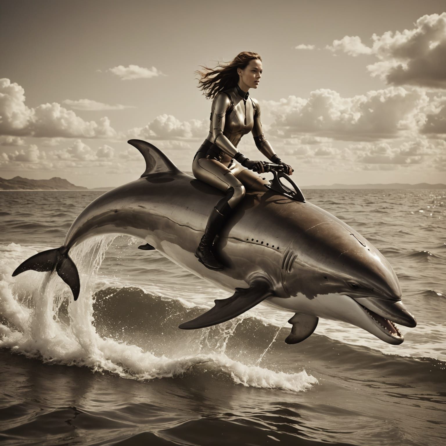 Cyborg Woman Rides Dolphin in Vintage Sepia Photo
