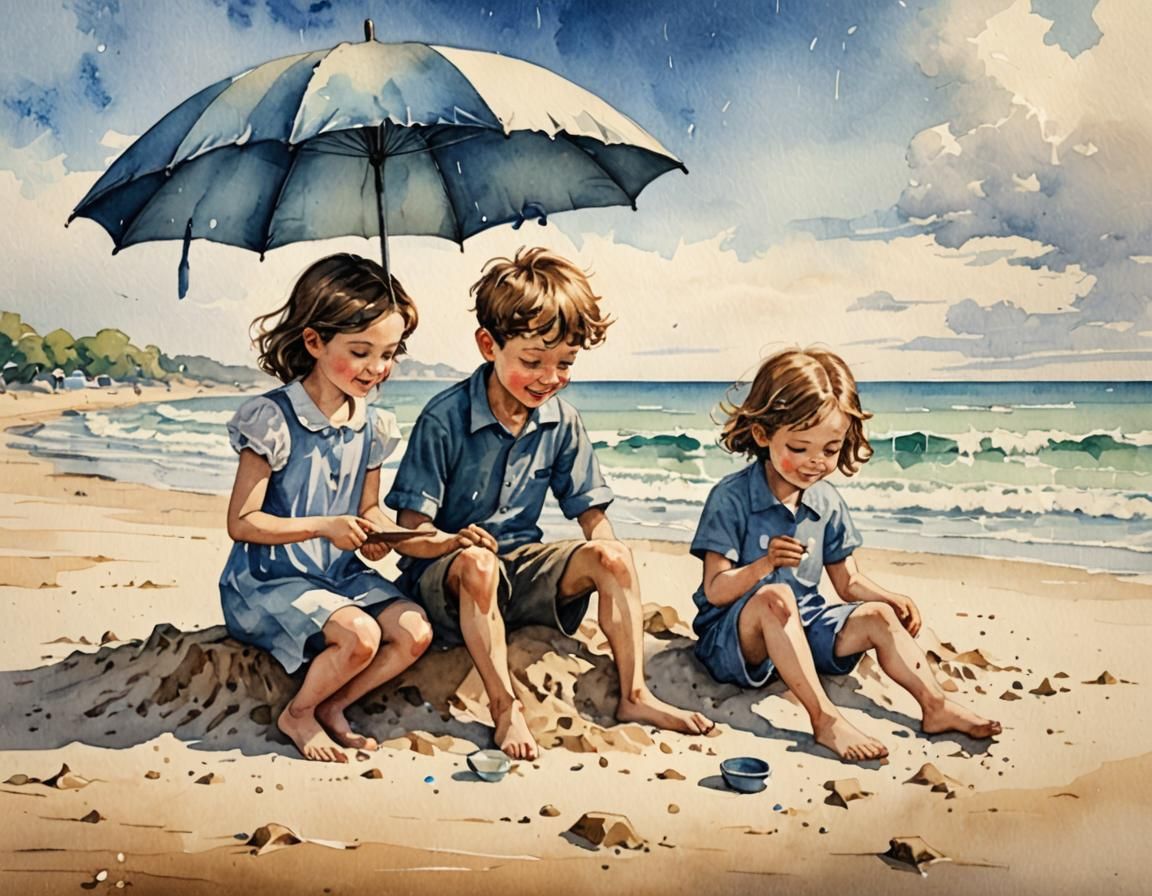 Children's Storybook Illustration: Beach Fun Under Umbrella