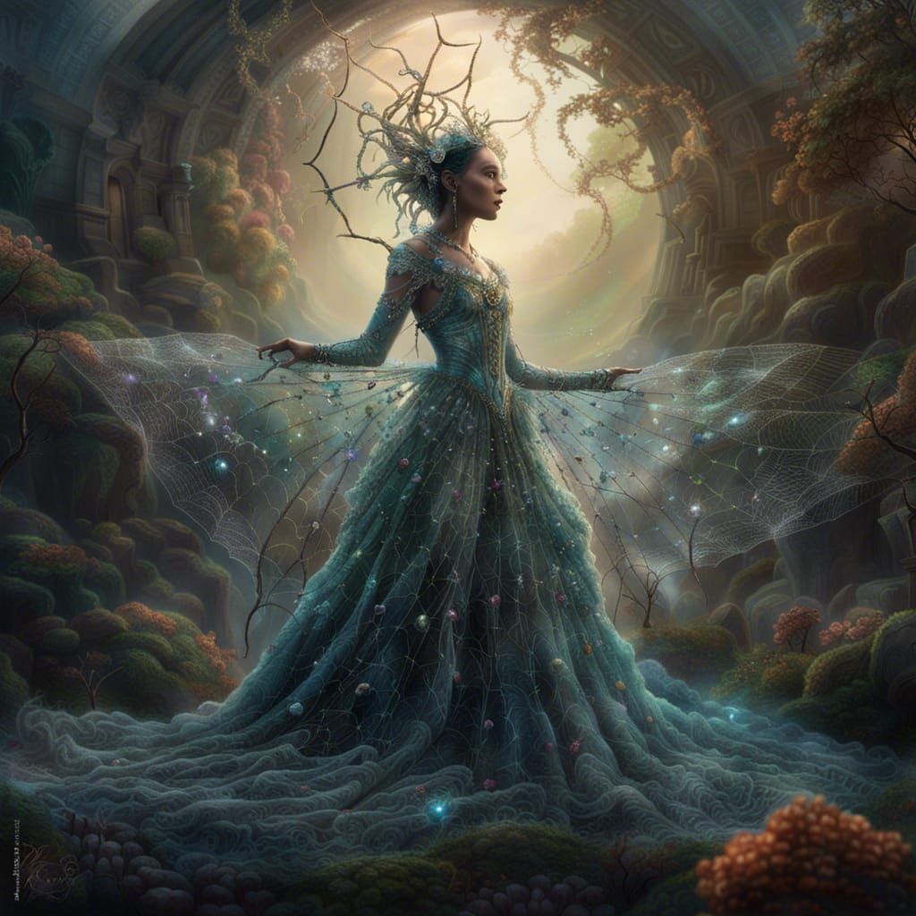 Gaia in Spider Silk Gown: Ethereal Fantasy Art