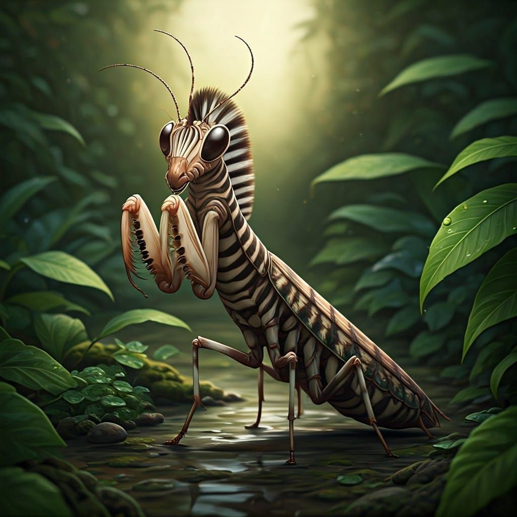 Adorable Mantis-Zebra Hybrid in Photorealistic Landscape