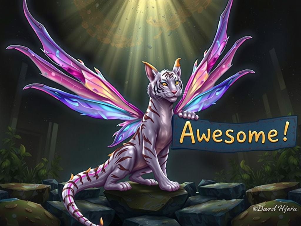 Fantastical Dragon Tiger Holds Sign in Whimsical Landscape