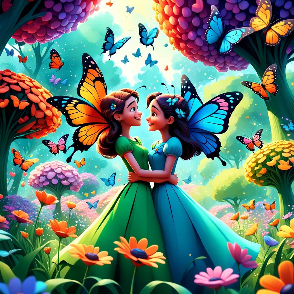 Couple with Baby in Flower-Filled Park: Pixar Style