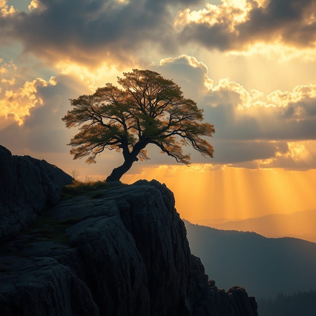 Lone Tree on Cliff in Golden Hour Light