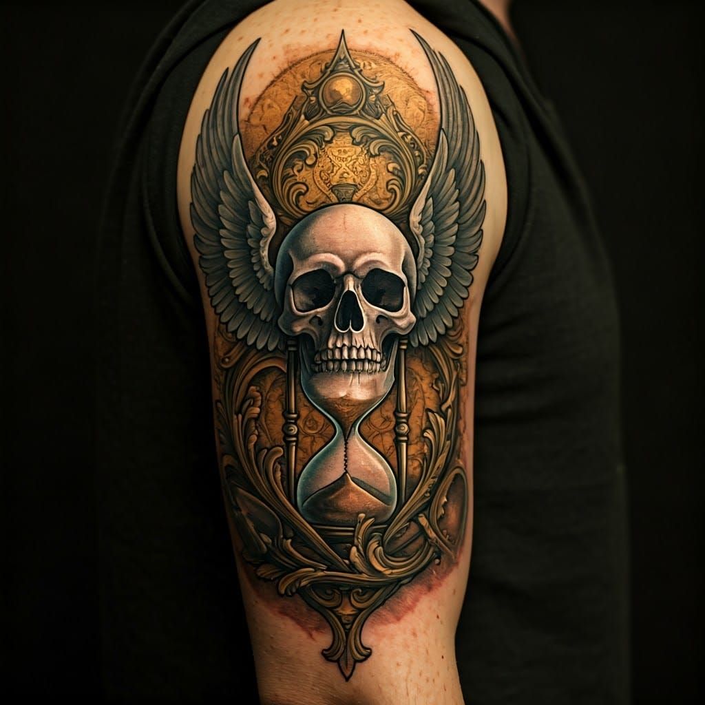 Bicep tattoo: Intricate, mystical winged skull with hourglas...
