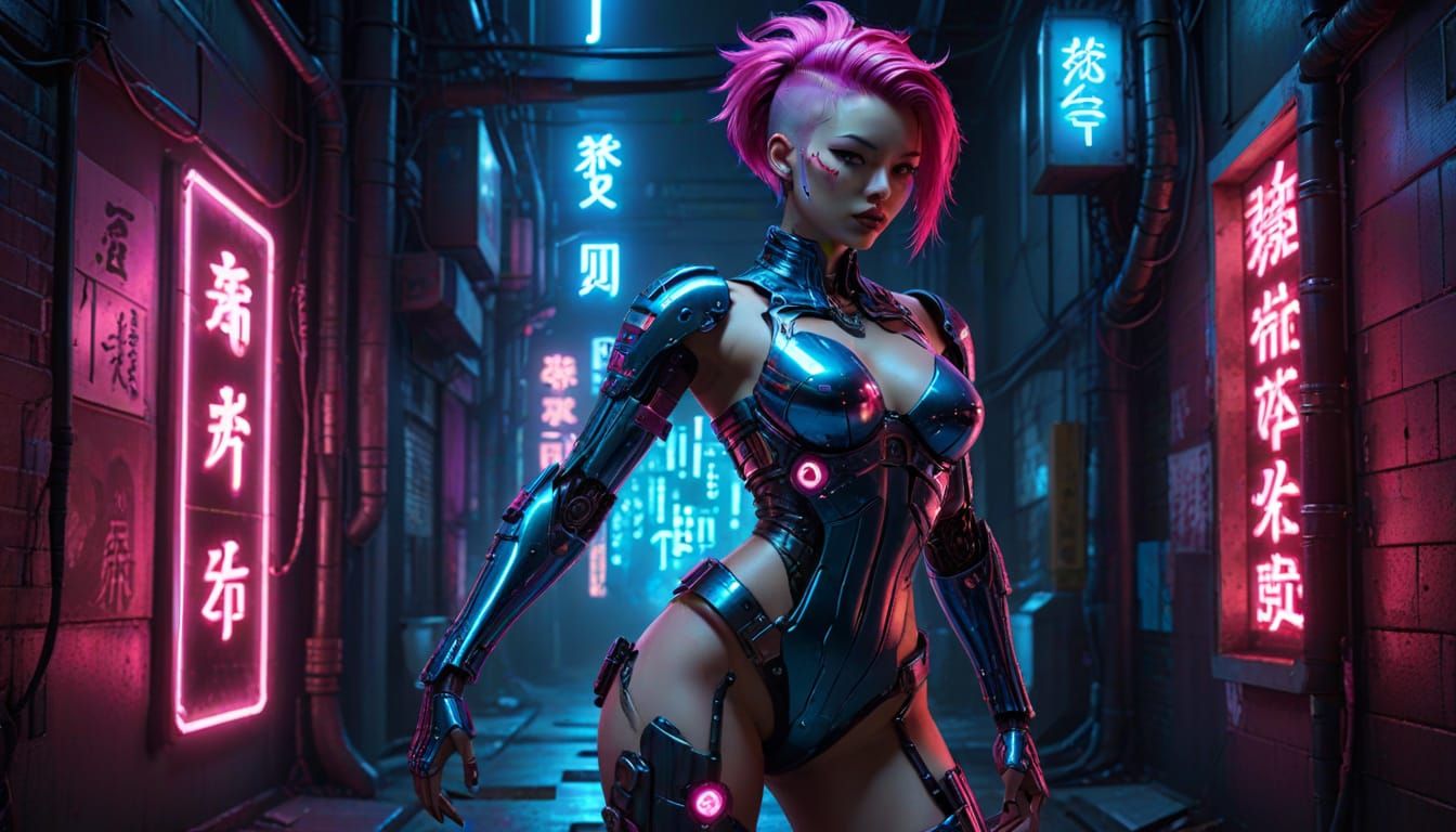 Cyberpunk Pin-Up: Japanese Cyborg in Dark Alley
