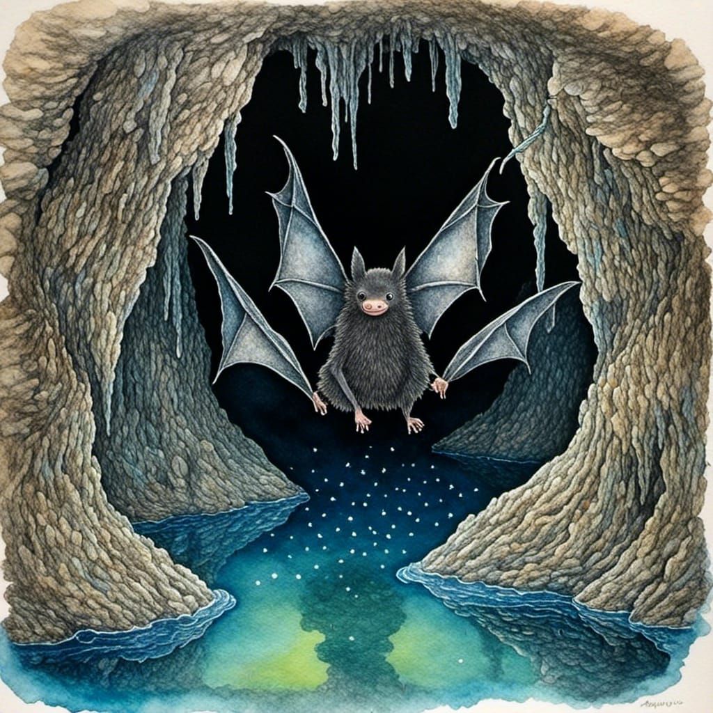 Bioluminescent Grotto: Bat in Watercolor Calligraphy