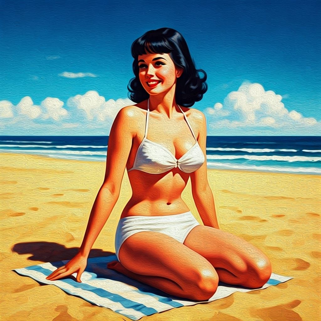 Bettie Page on Tropical Beach as Oil Painting