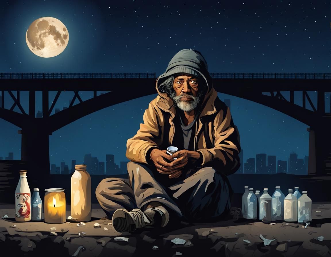 Homeless Man Under Bridge at Night with Candle