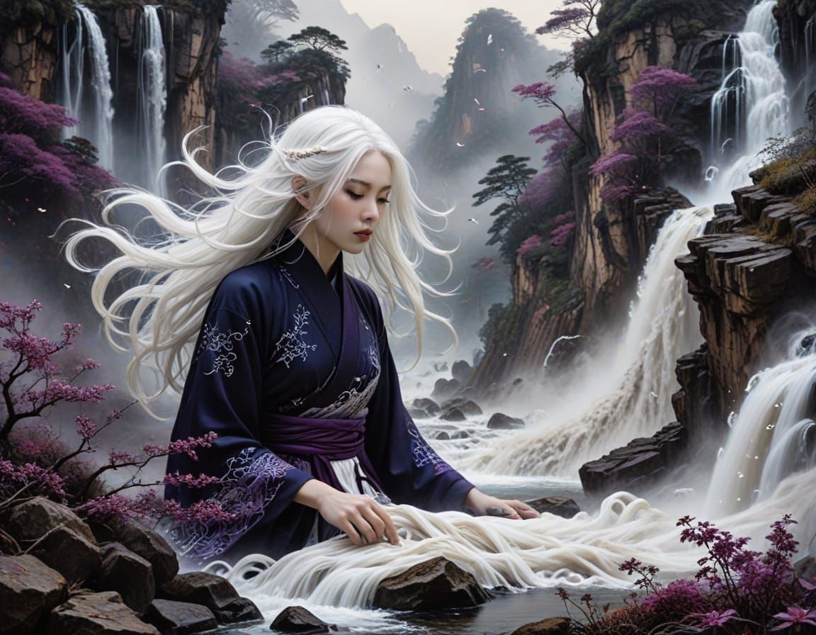 Waterfall of White Hair in Art Brut Style