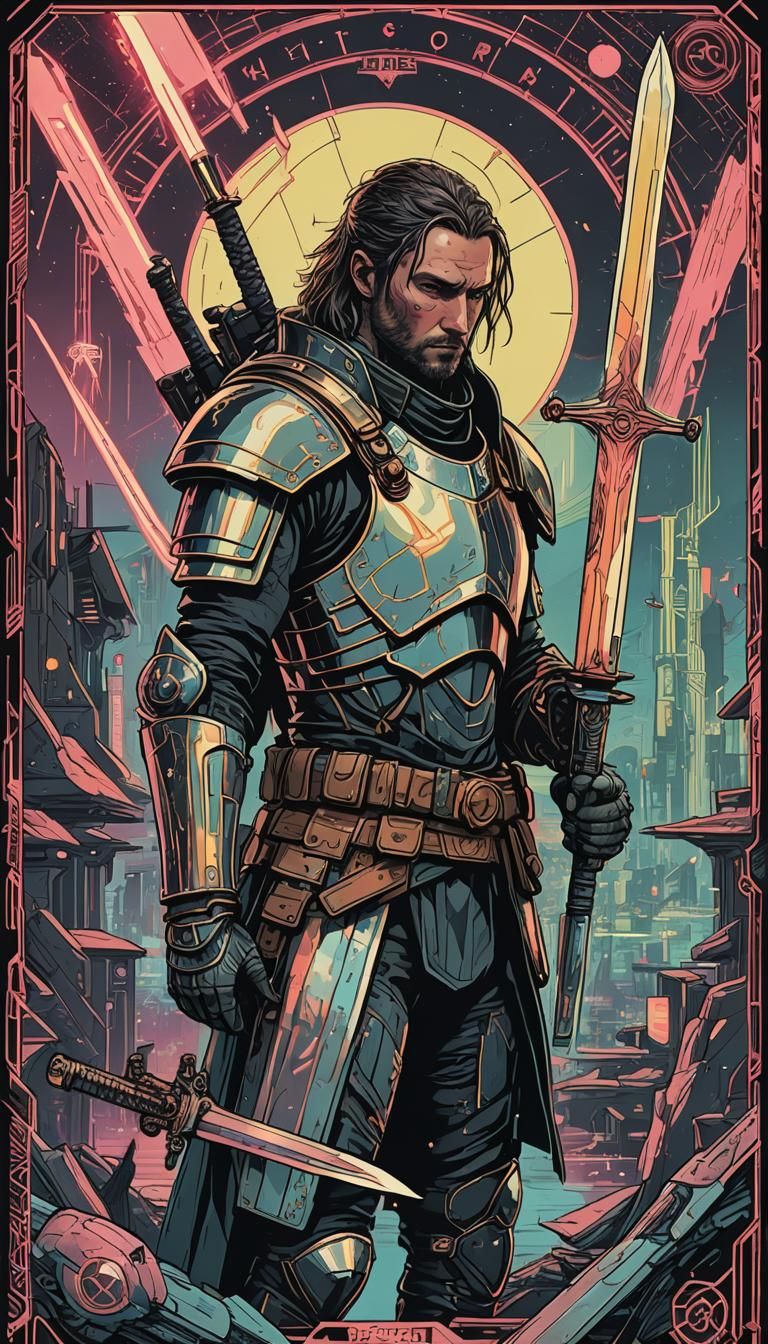 Knight of Swords Tarot Card in Cyberpunk Style