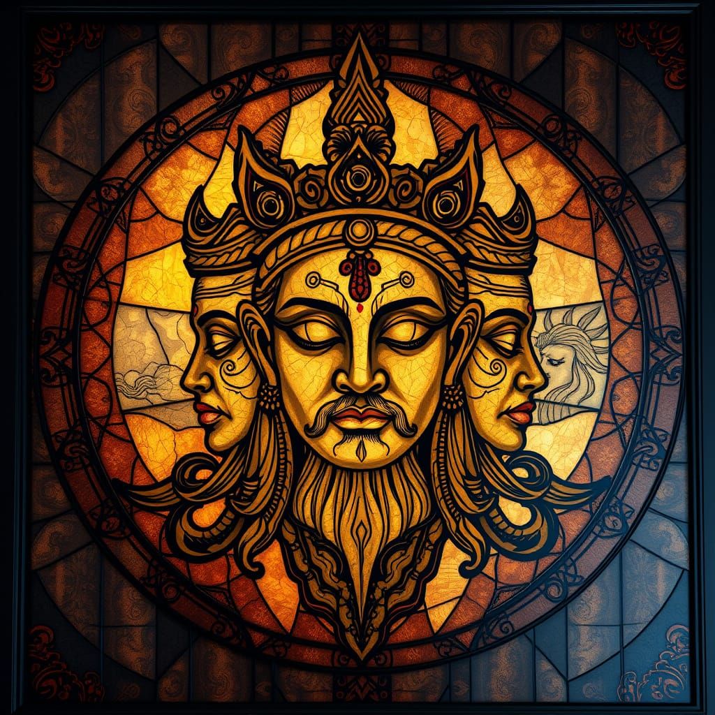 Glas-in-lood Masterpiece of Brahma with 4 Serene Faces