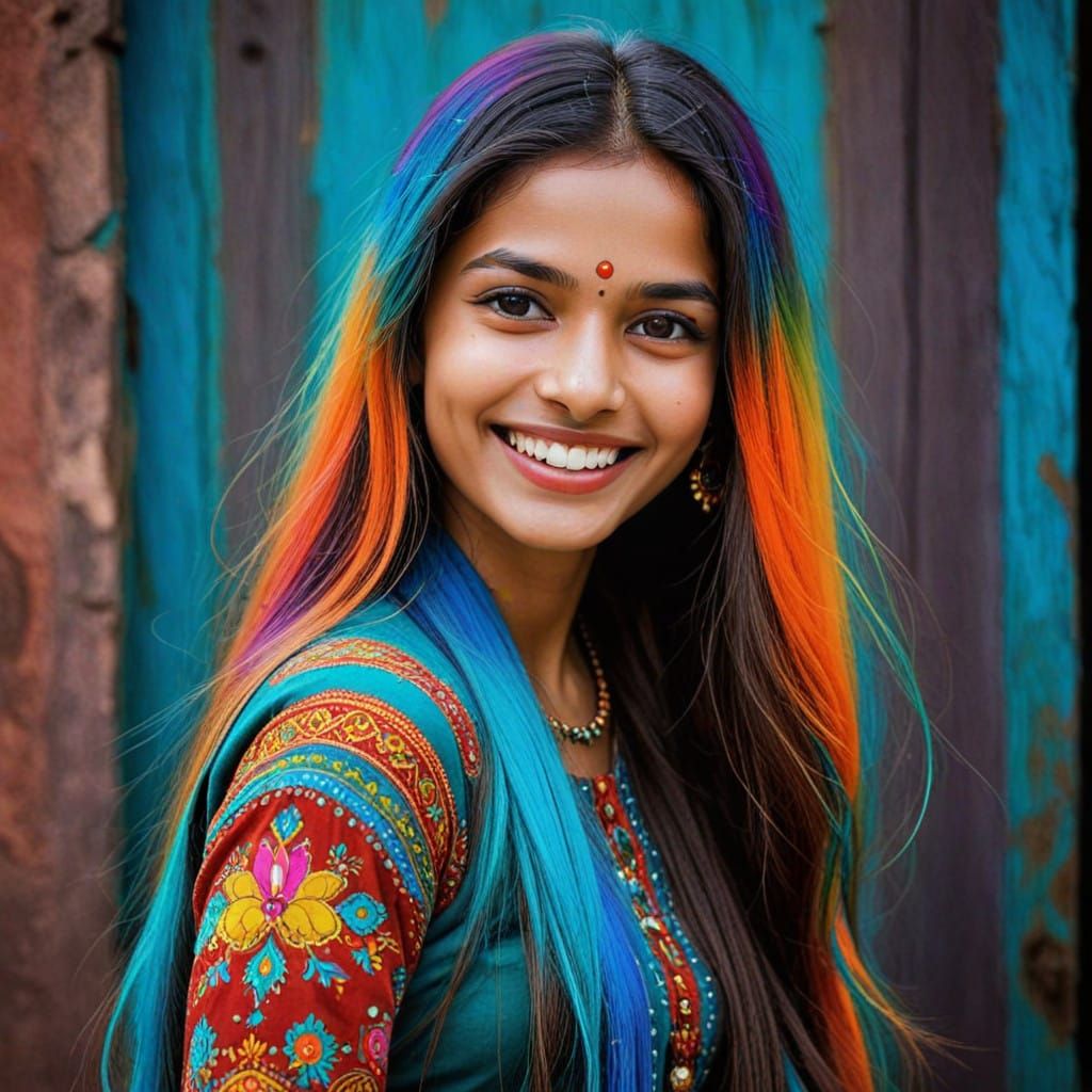 Surreal Indian Goddess with Vibrant Long Hair and Radiant Sm...