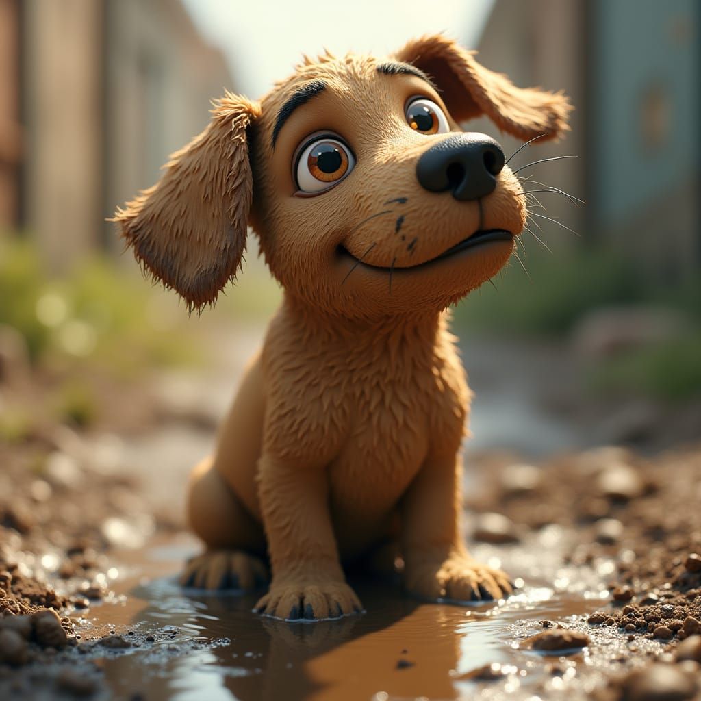 Whimsical 3D Portrait of a Muddy Puppy