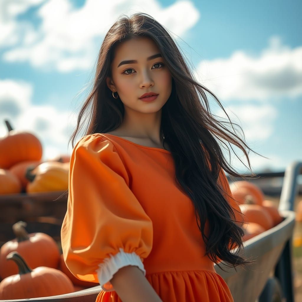 Dreamlike Photo of Woman in Pumpkin Patch