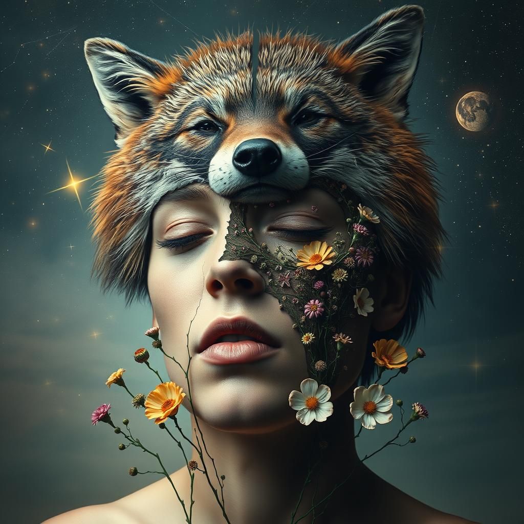 Surreal Cosmic Wolverine Portrait with Stars