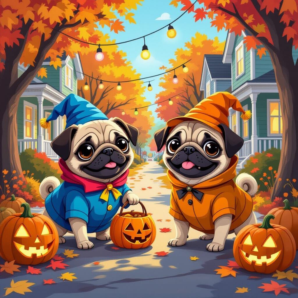 Pugs Trick-or-Treating in Halloween Costumes