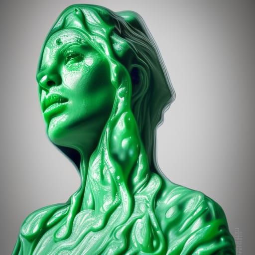 Figurative sculpture made out of melting plastic green, milk...