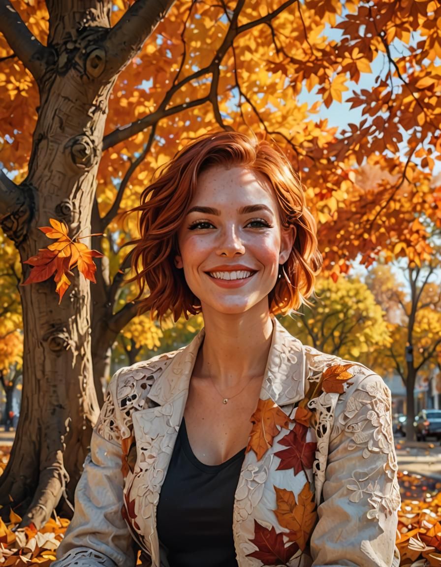 Smiling Woman in Autumnal, Hyperrealistic Style