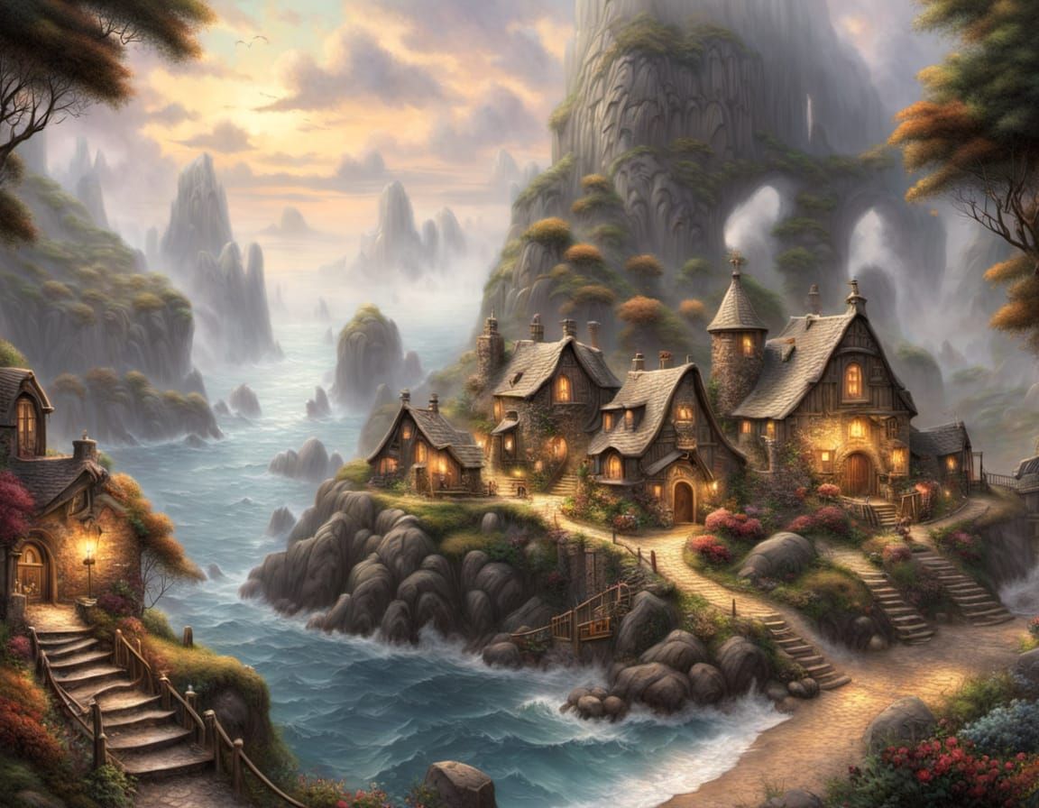 Ethereal Steampunk Village Built into Sea Caves