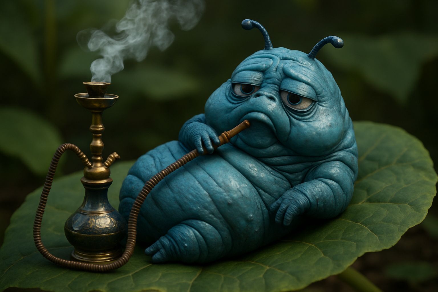 Detailed CGI Image of Bored Caterpillar Smoking Hookah