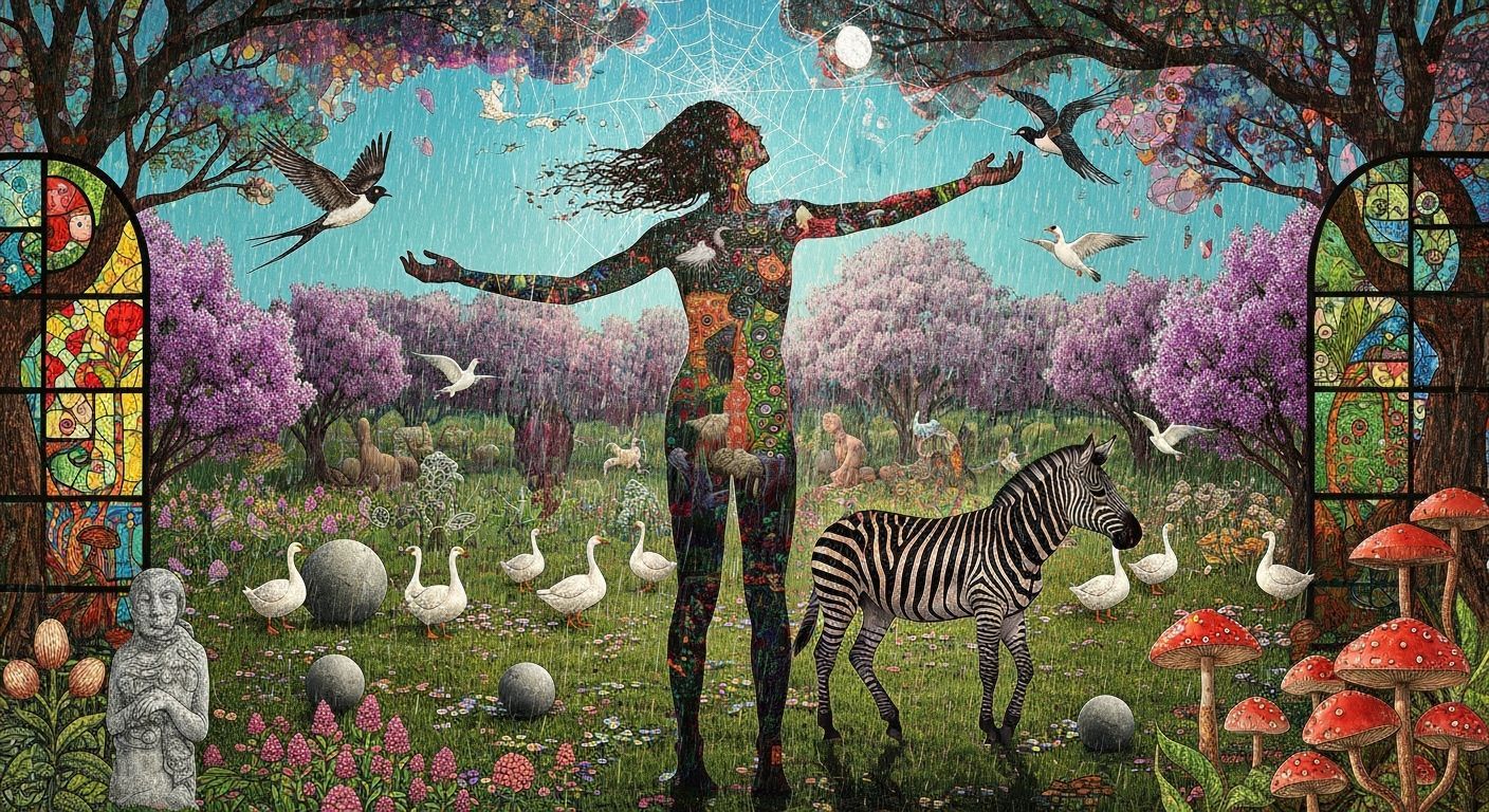 Surreal Garden Goddess in Glitch Art Style