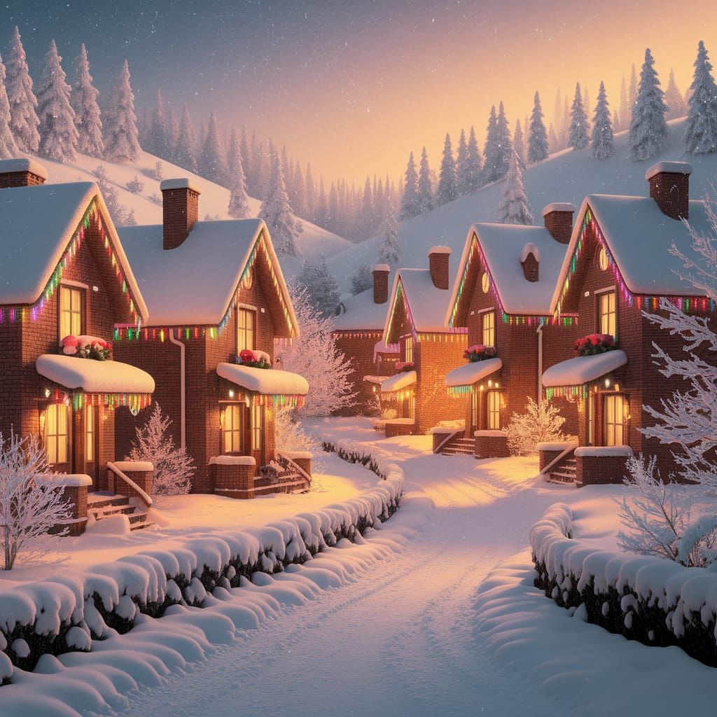 Warm Winter Village in Golden Sunset Light