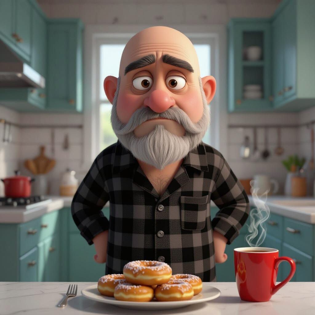Grumpy Bald Man in Whimsical Pixar Style Kitchen