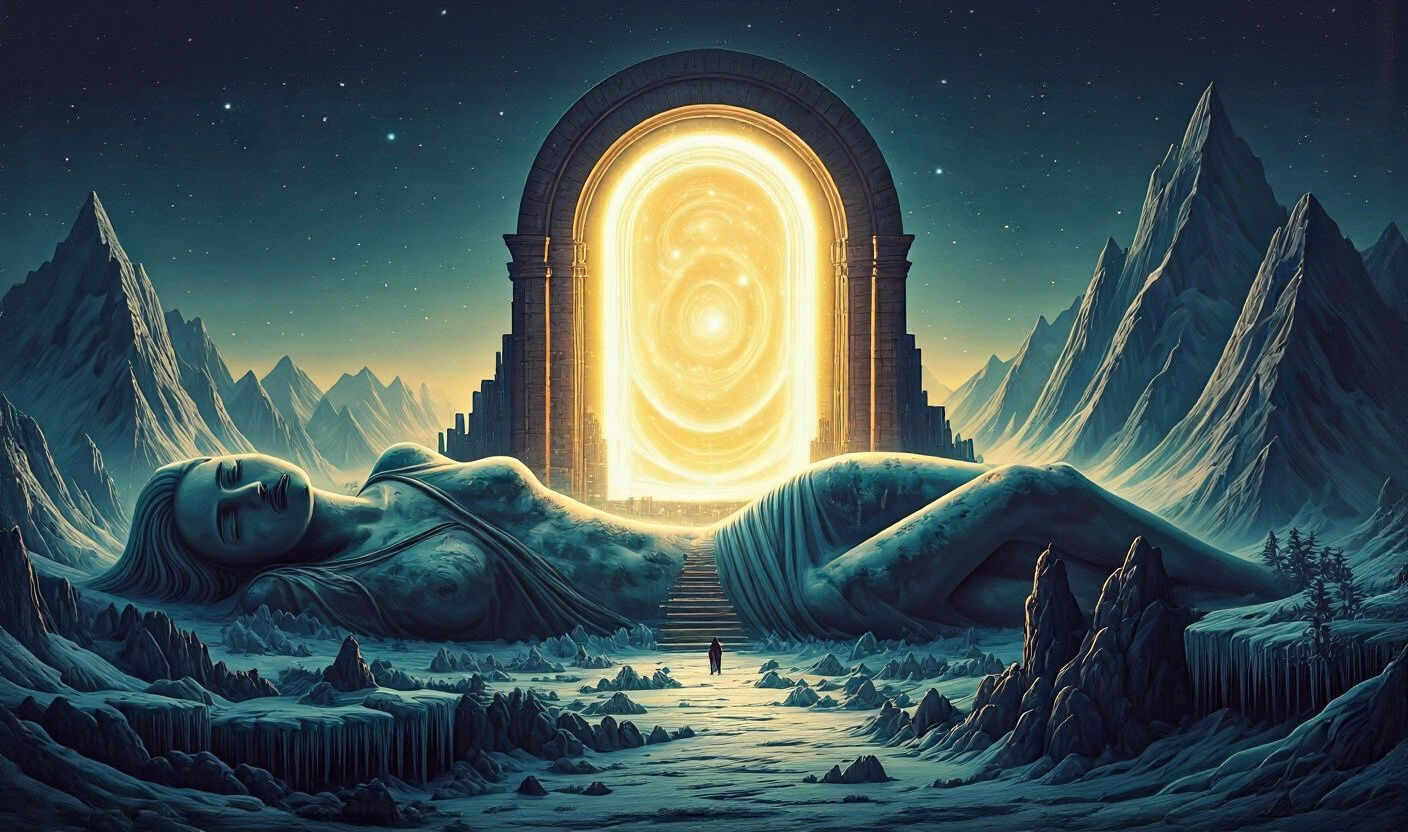 Surreal Colossal Cityscape Erupting from Stone Torso