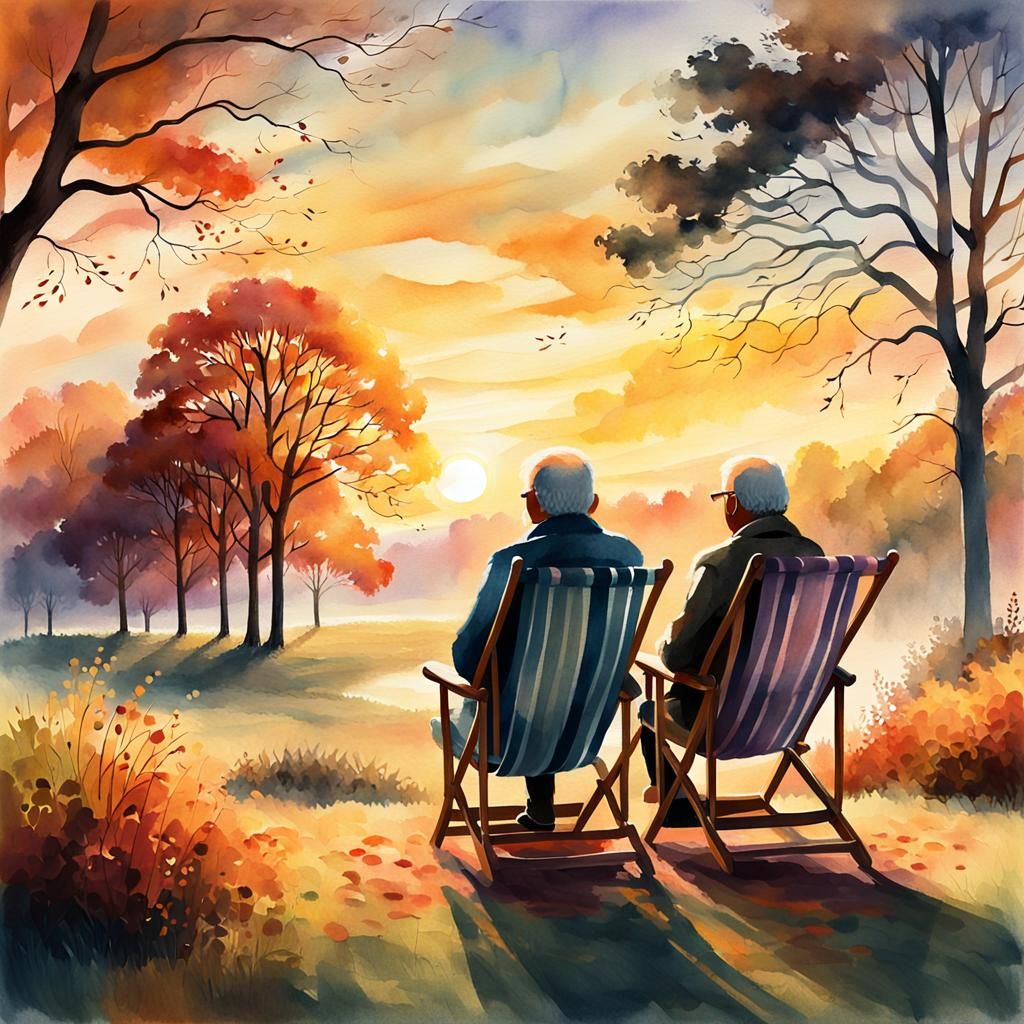 Peaceful Autumn Sunset: Digital Painting of Elderly Couple