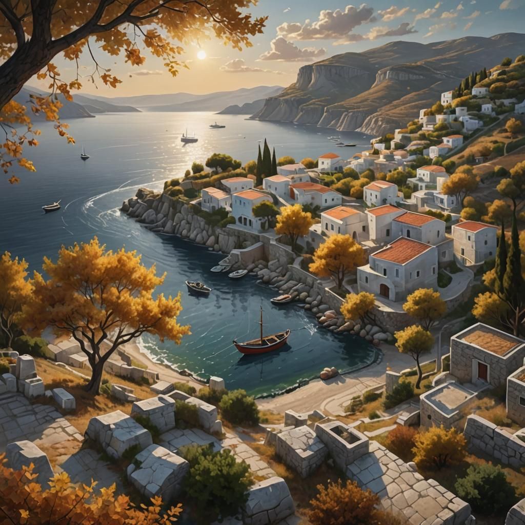 Greek Seaside Village in Autumn, Photorealistic Landscape