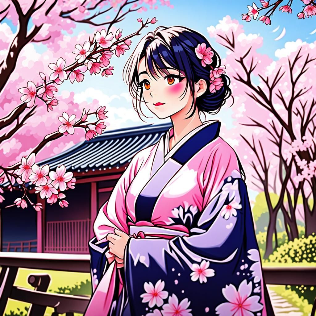 Pretty girl, kimono, sakura