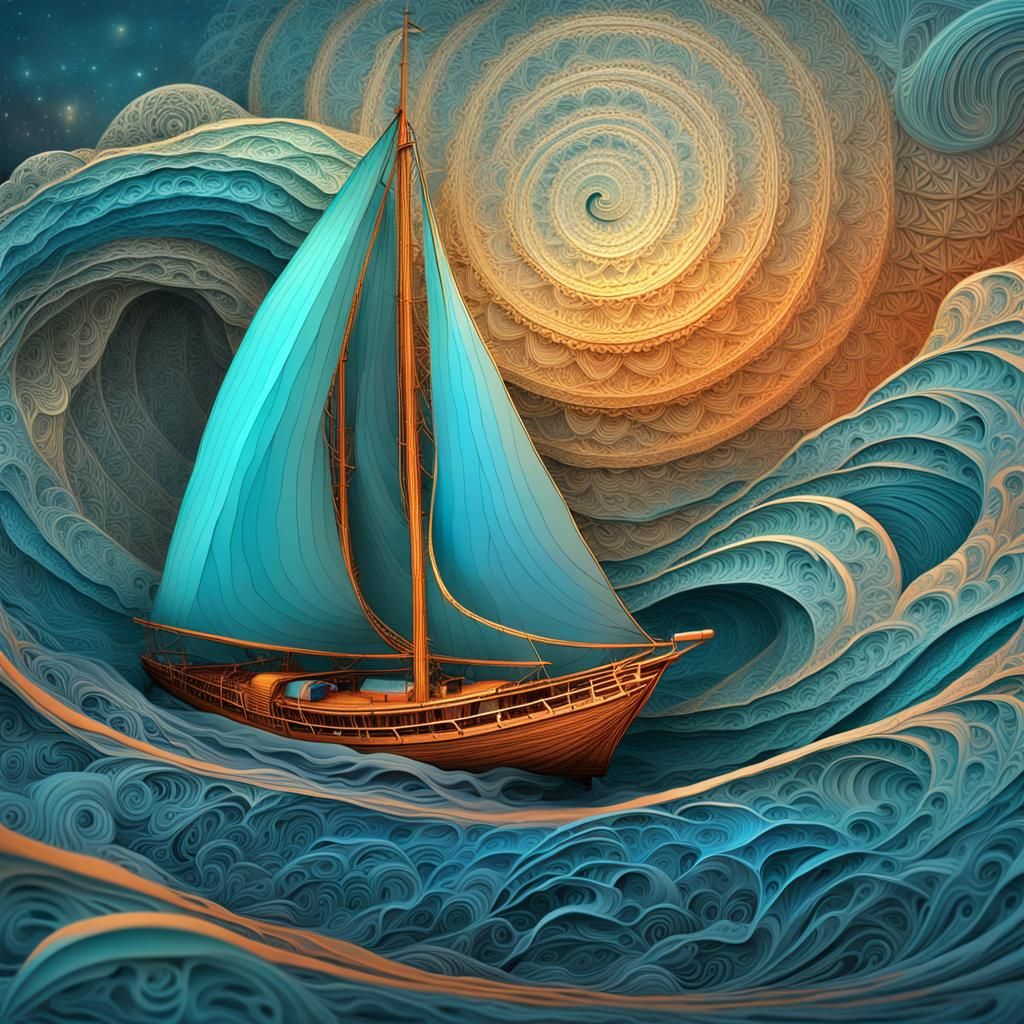 Fractal Wave Sailing Boat in Fantasy Sci-Fi Style