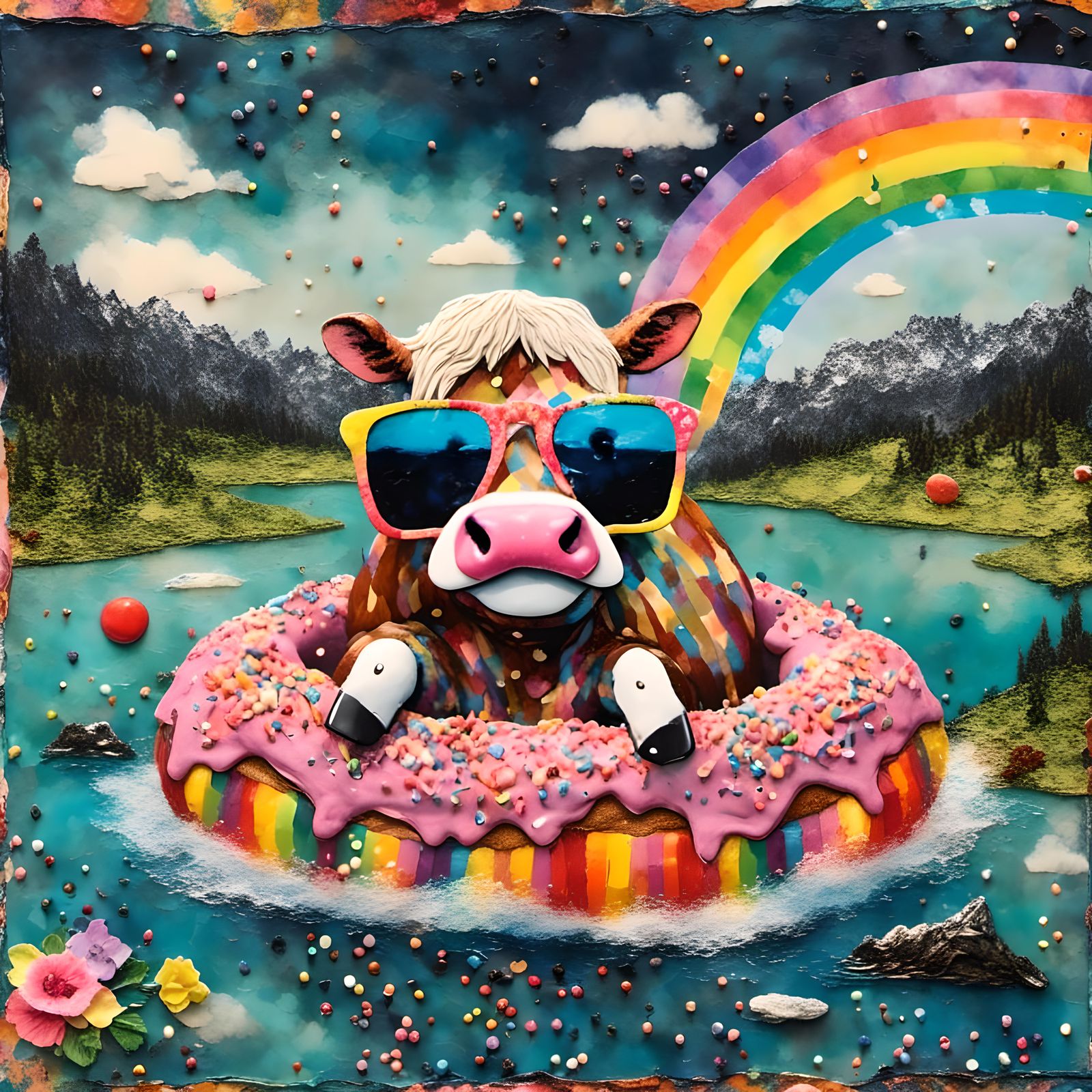 Cow in Sunglasses on Rainbow Float, Encaustic Collage