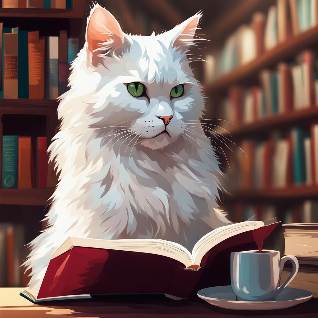 Fluffy Cat Reading with Hot Chocolate: Abstract Art