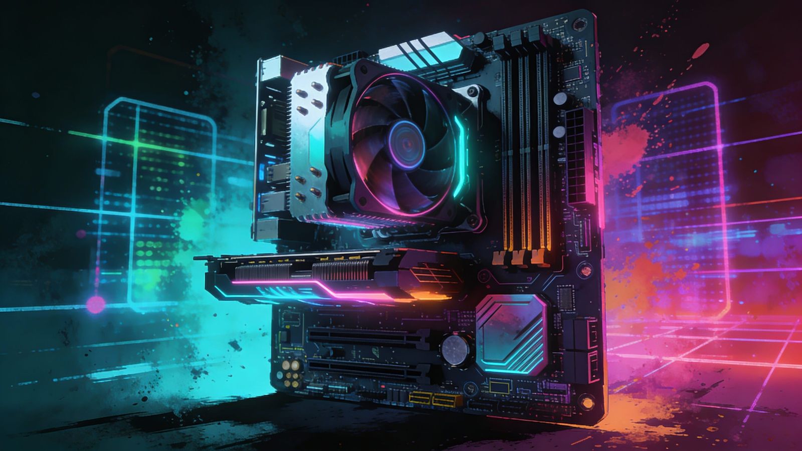Cyberpunk PC Motherboard with Neon Lights