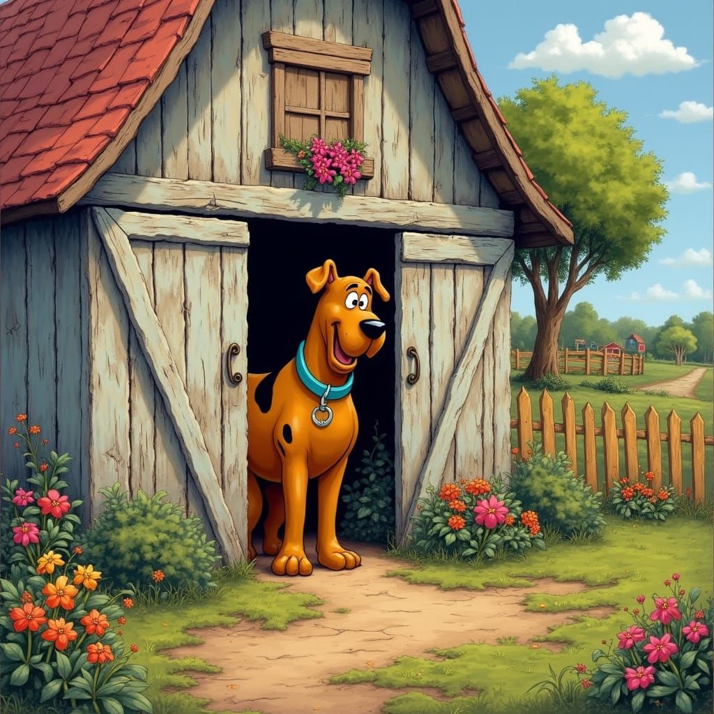 Scooby Doo Peeking from Rustic Barn in Folk Art Style