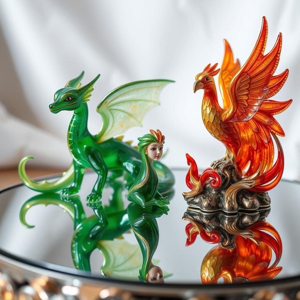 Enameled Glass Fantasy Figures in Art Nouveau Style