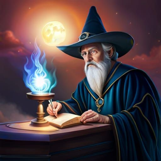 Fantasy Wizard Casting Spells in Stone Tower
