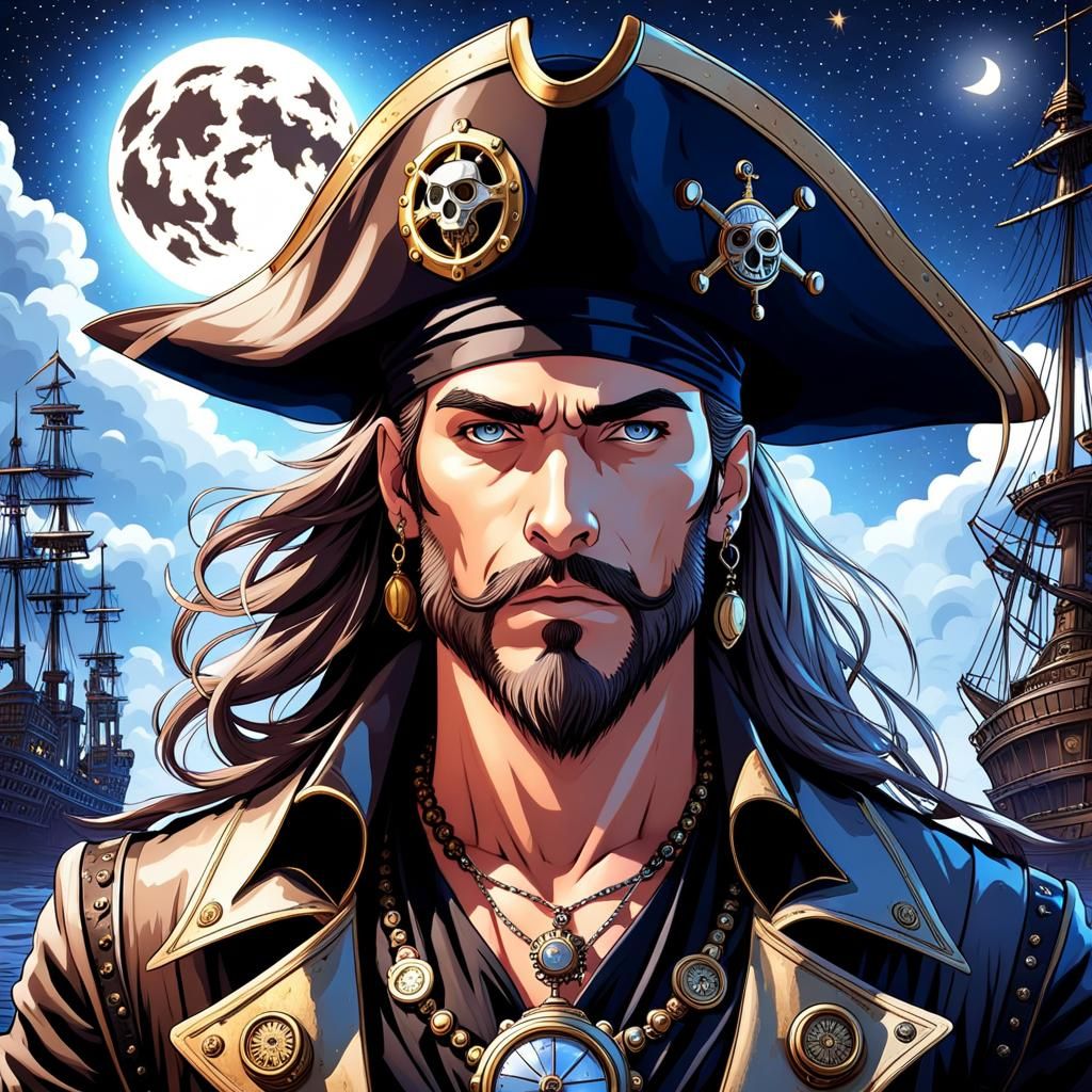 Steampunk Pirate Under Starry Night Sky