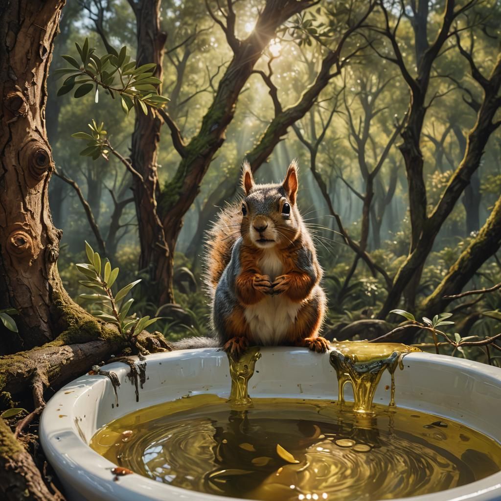 Squirrel and Olive Oil Bathtub in Forest, Hyperrealistic