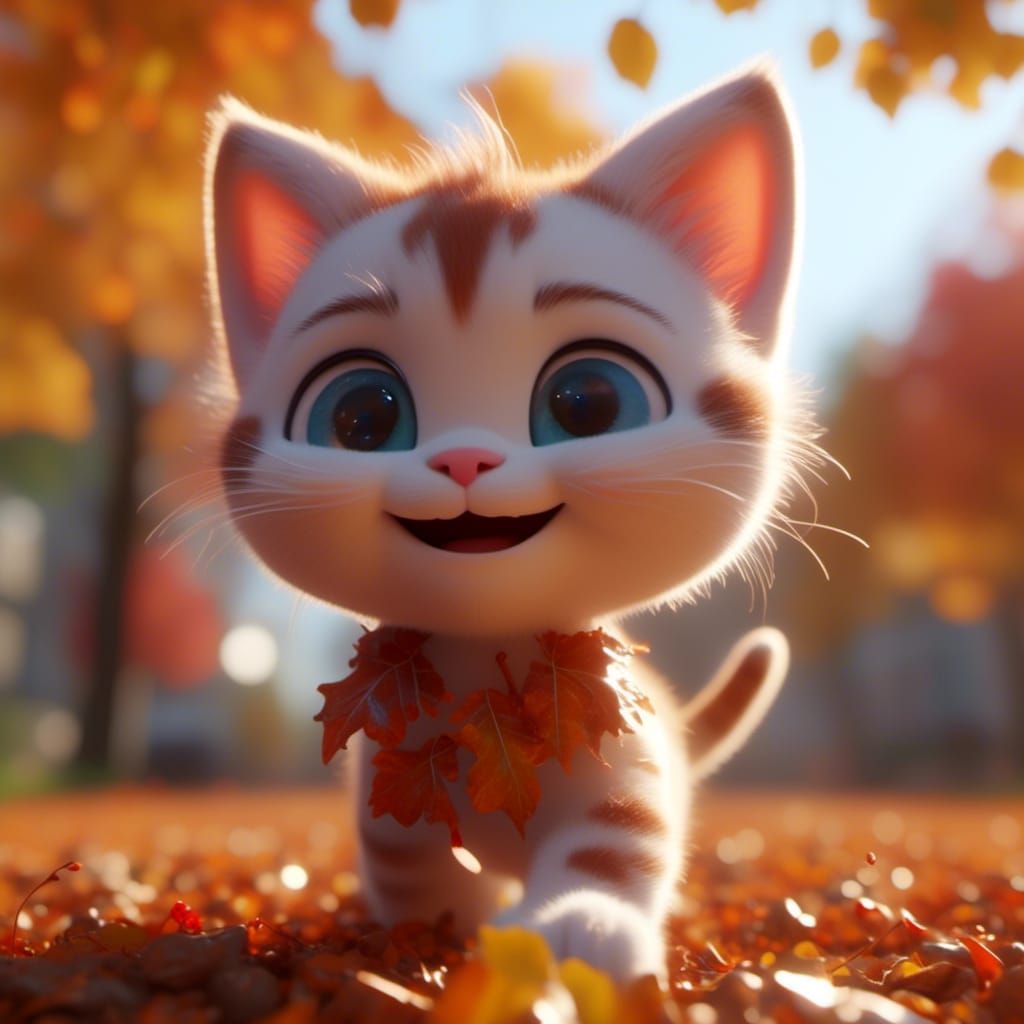 Cute Kitten in Autumn Leaves, 3D Animation