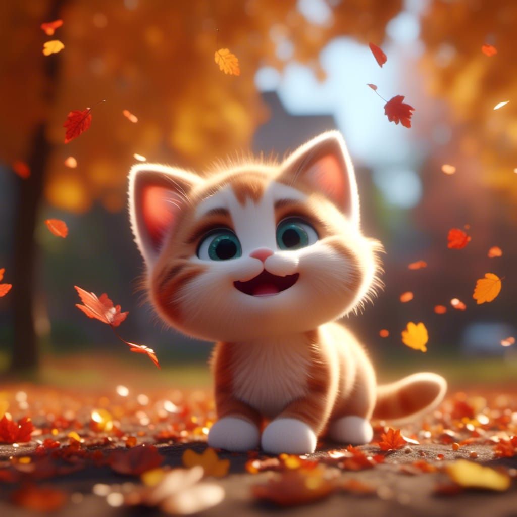 Cute Kitten Smiling in Autumn, 3D Animation