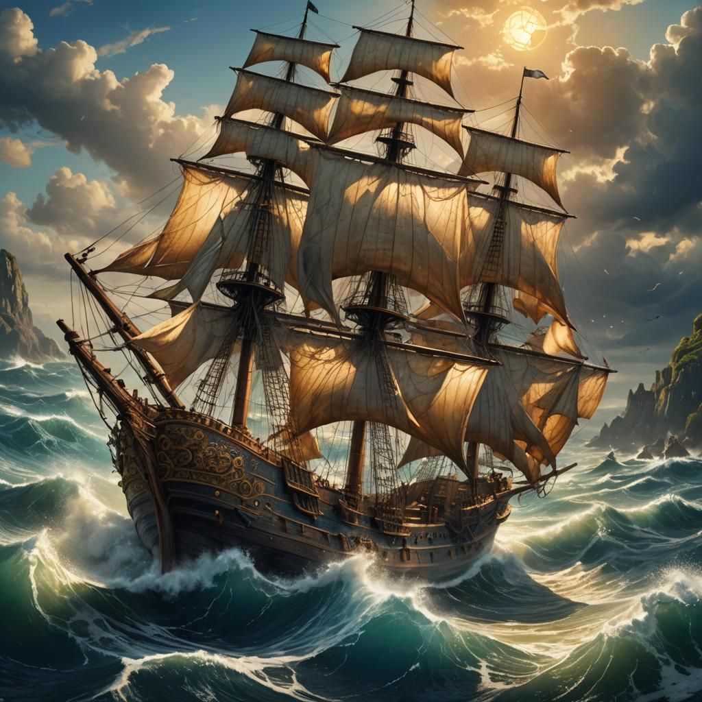Merchant Ship Sailing Rough Seas: Fantasy Matte Painting